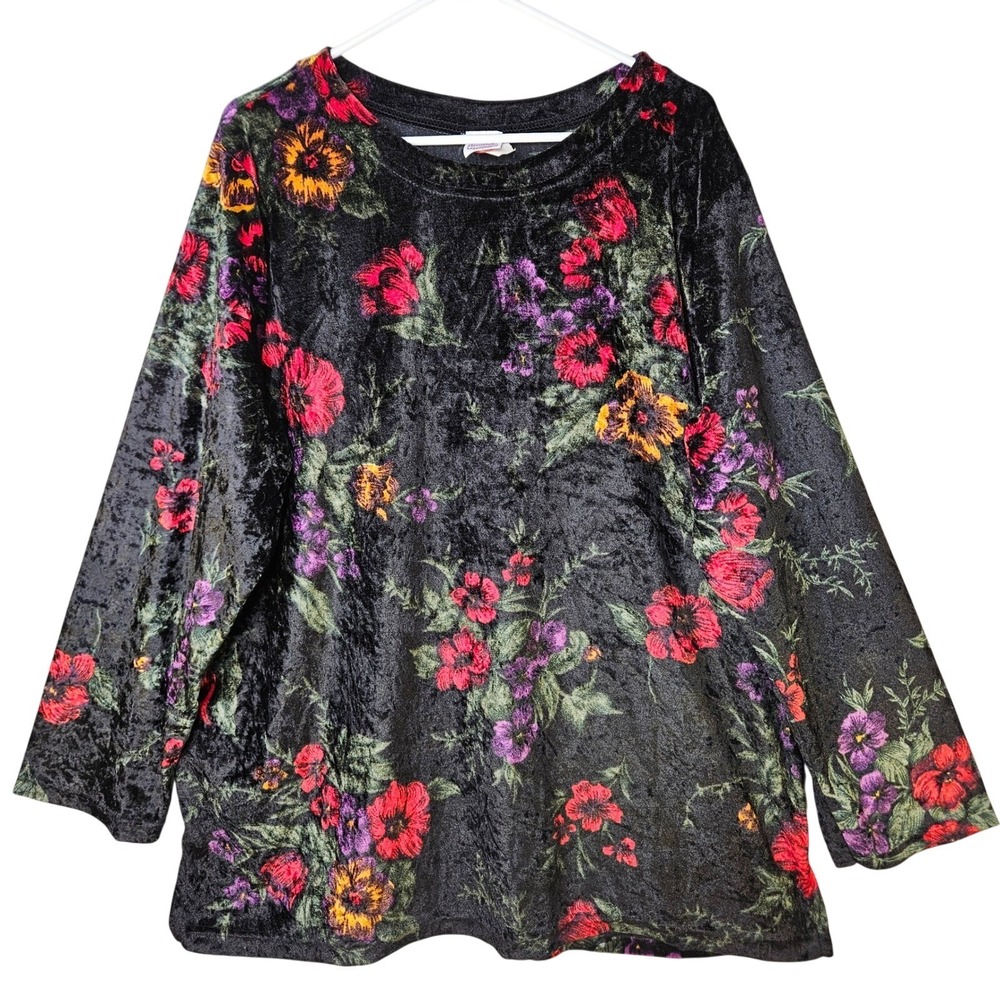 Vintage Black Floral Crushed Velvet Long Sleeve‎ Top 2X Whimsigoth Dark Romance